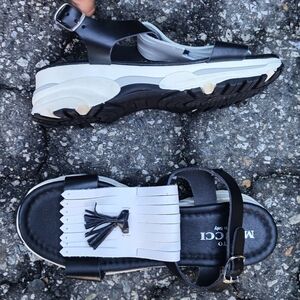 SESTO MEUCCI Leather Tassel Black White Sandals Women's Size 6.5 Made In Italy